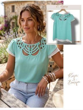 🌿C. Luce Women's Small Mint & White Cap Sleeve Lattice Bodice Blouse